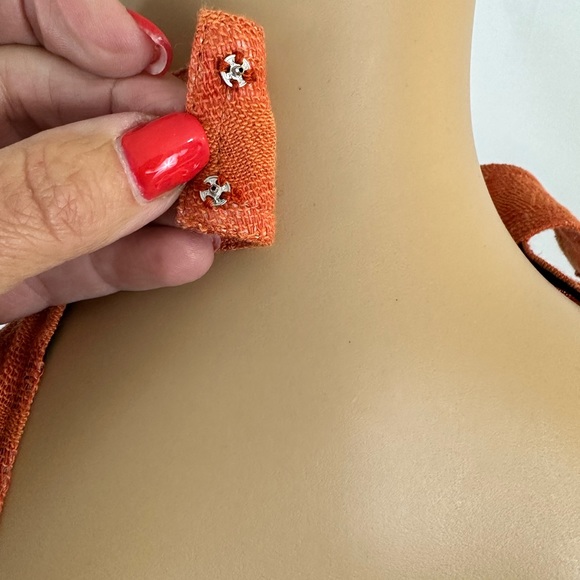 Unknown Designer? Orange Striped Jumpsuit Choker Neck Deep V Flared Legs… - Picture 9 of 11